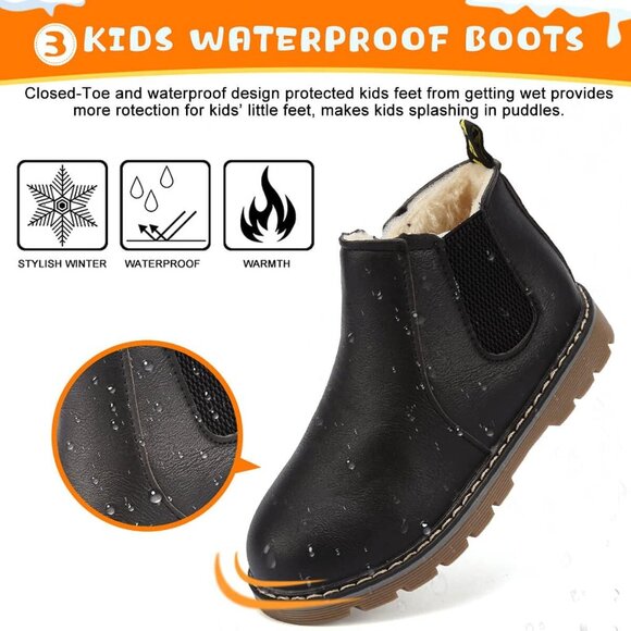 Kids Black Waterproof Lightweight Fur Lined Ankle Boots Baby Winter Shoes - Picture 5 of 7